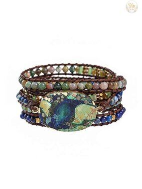 Natural Stone Crystal Leather Wrap Bracelet Adjustable Boho